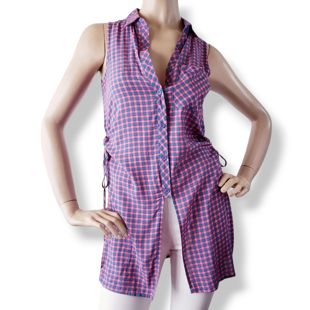 The Sang Pink & Blue Gingham Side Lace Up Blouse